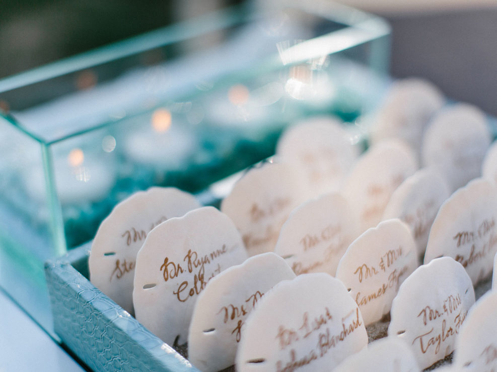 seashell, candles, beach, ocean, themed, calligraphy, blue, placecards, wedding guests