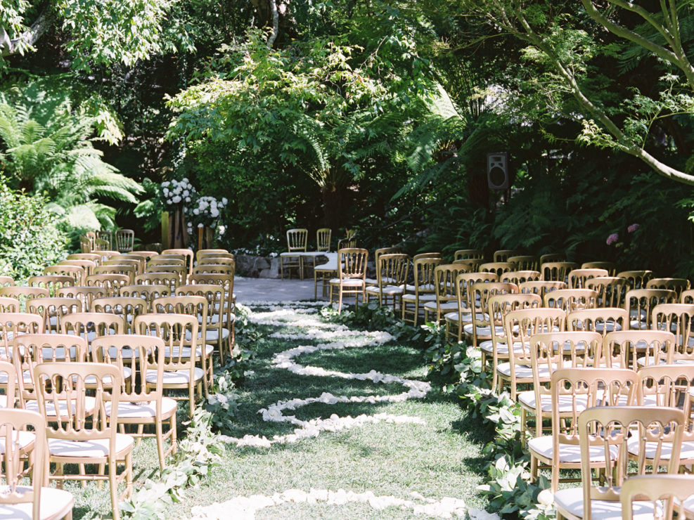 Wedding ceremony, wedding seating, Gold chairs, aisle, wedding aisle, flower petals, outdoor wedding, outdoor wedding ceremony, wedding design, wedding production