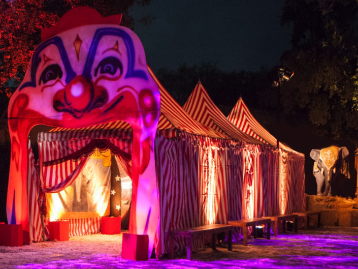 Clown entrance for circus themed Halloween event produced and designed by Kristin Banta Events
