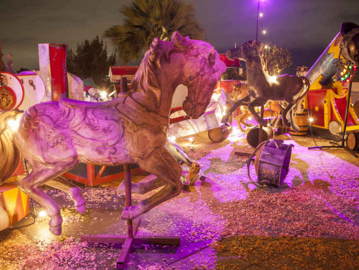 Vintage carousel horse and circus props for Carnival themed Halloween party produced and designed by Kristin Banta Events