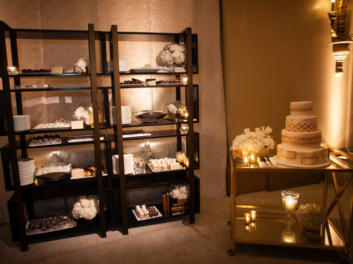 Cake bar, back bar decor, china, floral accents, lighting design, Kristin Banta Weddings and Special Events