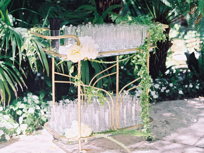 Wedding decorations, art deco, bar cart, wedding reception, glassware, produced by Kristin Banta Events