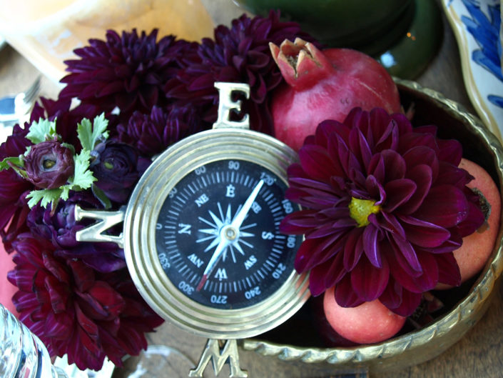 compass, nautical, pomegranate, purple floral arrangement, kristin banta designs