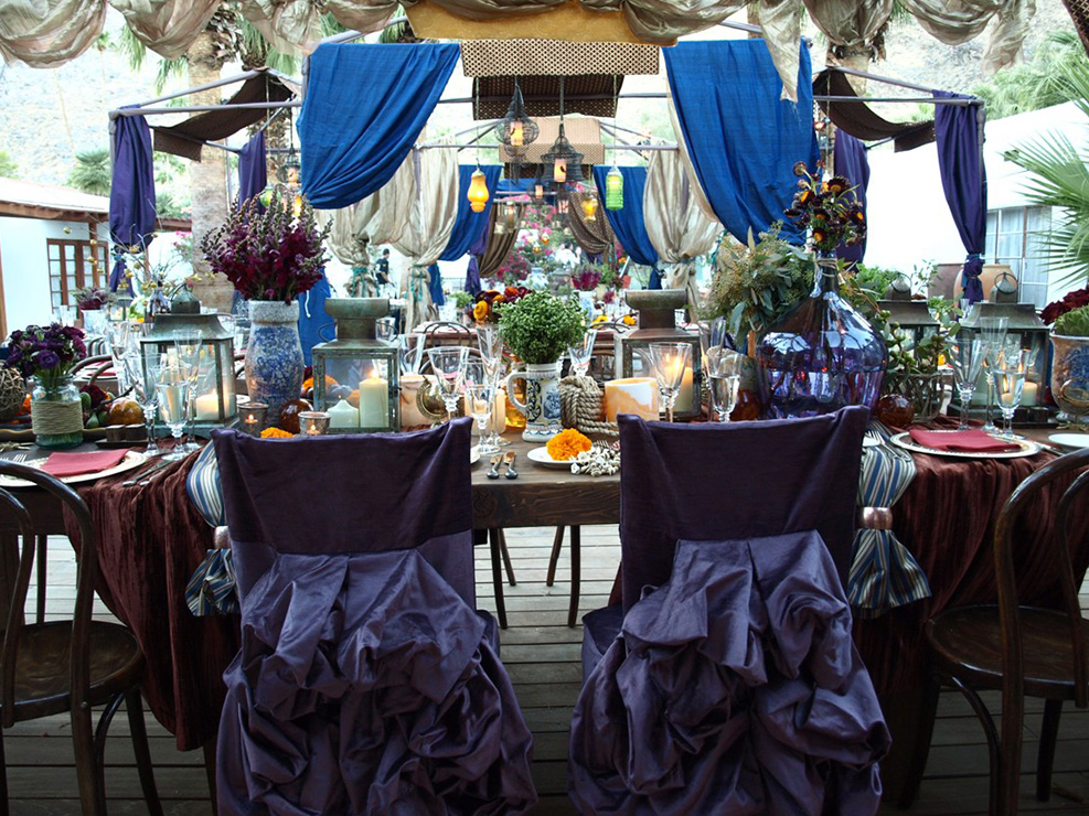 dinner, tablescape, nautical theme, lantern, candles, purple, bride and groom, wedding reception, la event producer