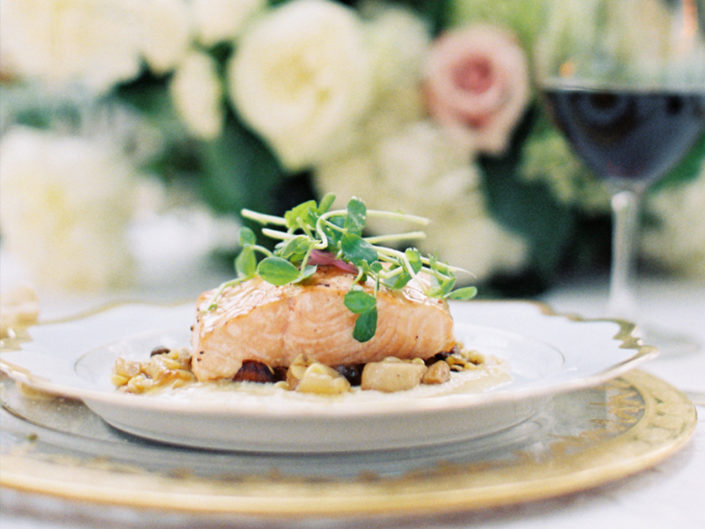 wedding dinner entree, glassware, floral accents, white, cream and pink florals, wedding food, kristin banta wedding, los angeles event planner