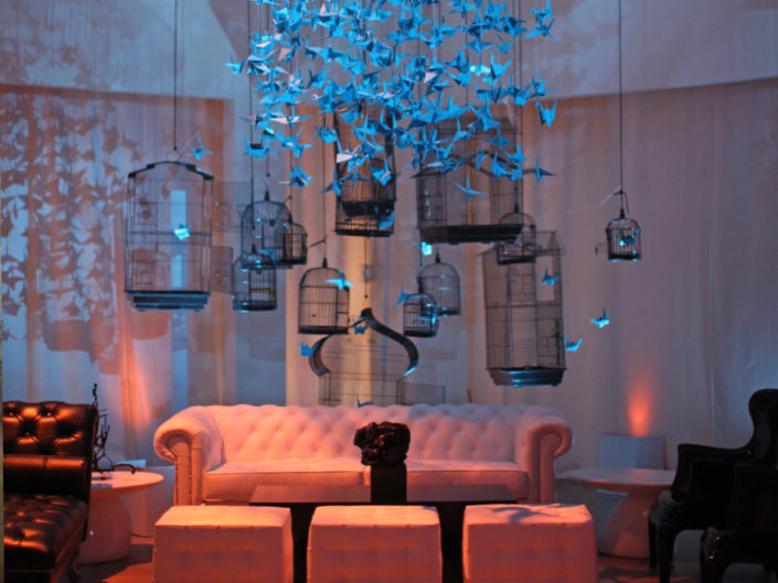 5000 blue origami paper crane art installation, bird cages, contemporary wedding decor, lounge vignettes, LA event planner, kristin banta weddings and special events