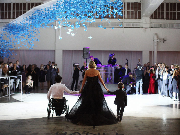 family grand entrance, 5000 paper crane art installation, black wedding dress, contemporary wedding design, minimalist, LA event planner, kristin banta weddings and special events