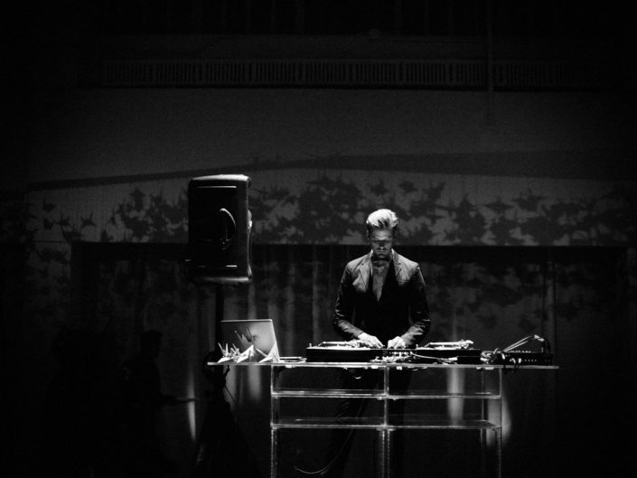 DJ equipment, getting the party started, contemporary lighting design, kristin banta weddings, black and white photography, wedding entertainment, art installation silhouettes