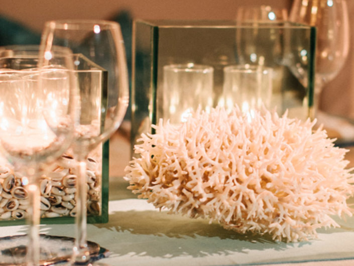 sponge, wedding decor, candles, wine glass, coral reef, seashells, beach, sea, ocean