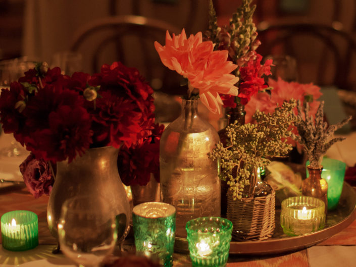 tablescape, centerpiece, natural, Moroccan, inspired decor, candles, gold accents, party planning, event decor