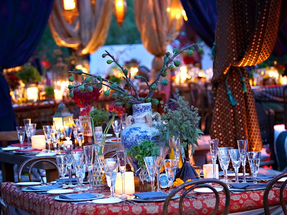 tablescape, decorated vase, figs, tapestry, vibrant wedding, palm springs wedding, best event designers