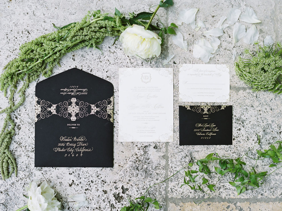 wedding invitations, hotel bel air, cream floral and greenery accents, kristin banta weddings, los angeles event planner