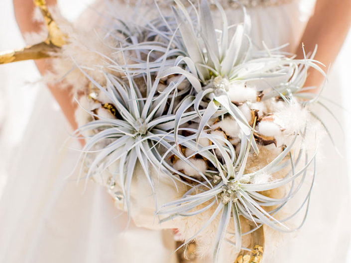 wedding bouquet, desert flowers, cotton, wedding gown, wood accents, event design