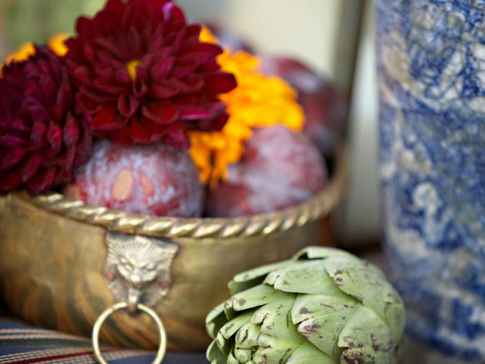 artichoke, gold bowl, pomegranate, decorative, la wedding design, kristin banta events
