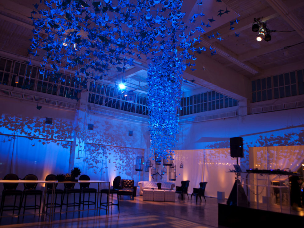 5000 blue origami paper art installation, contemporary wedding decor, lighting design, masculine lounge vignettes, LA event planner, kristin banta weddings and special events