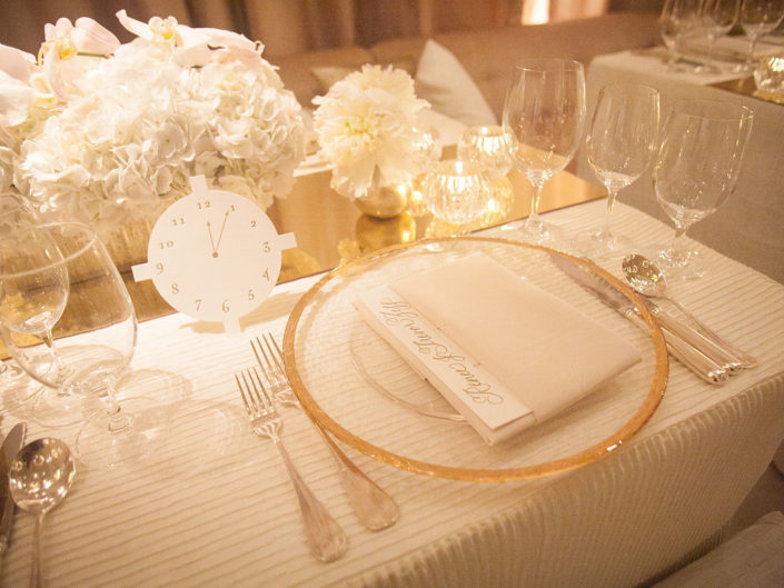 renee, trevor, wedding, clock, gold rimmed plates, floral centerpieces, table setting, event designers