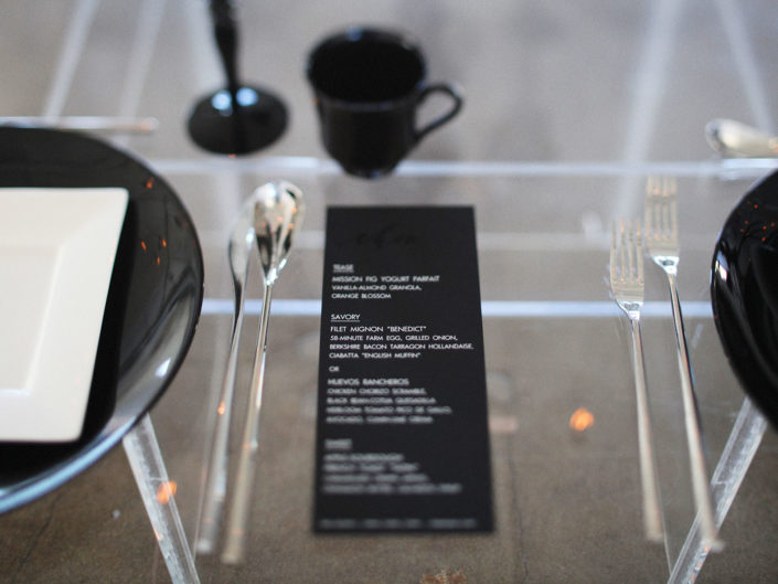 square black charger, silver cutlery, wedding dinner menu, tablescape, LA event planner, kristin banta weddings and special events