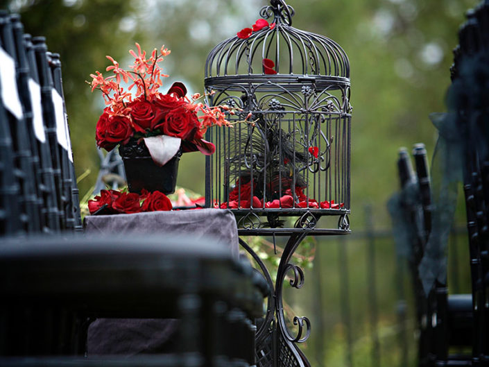 Wedding Ceremony, Los Angeles Wedding Planner, black versailles chair, black bird cages, floral decor, inspired decor, kristin banta events