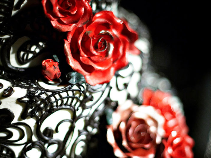 Wedding Cake, Wedding in LA, LA Weddings, black damask wedding cake, red floral, red and black wedding, los angeles wedding planner, event planning in LA, kristin banta events