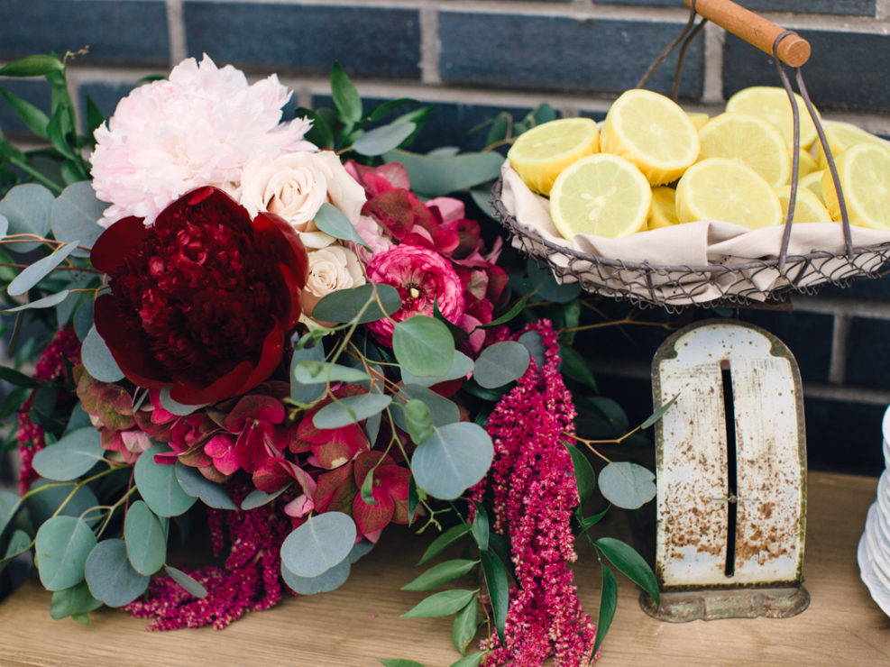 lemons, floral arrangement, pink, red, vintage, perch, rooftop bar, los angeles, event decorations, la party planner