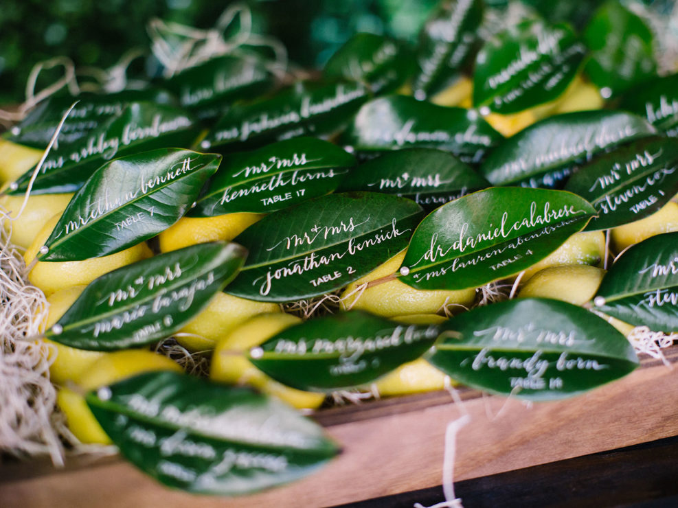 Escort cards, calligraphed leaves, LA event planner, los angeles wedding planner, lemons, leaves