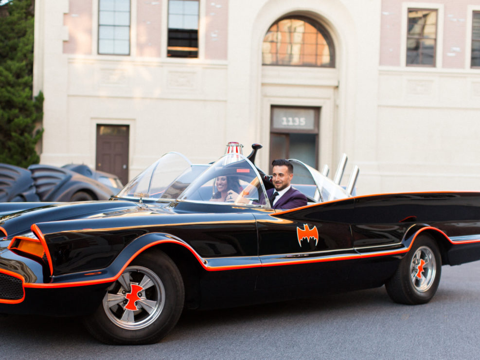 bride and groom's grand entrance, bat mobile, batman wedding, warner brothers studios, kristin banta los angeles event planner