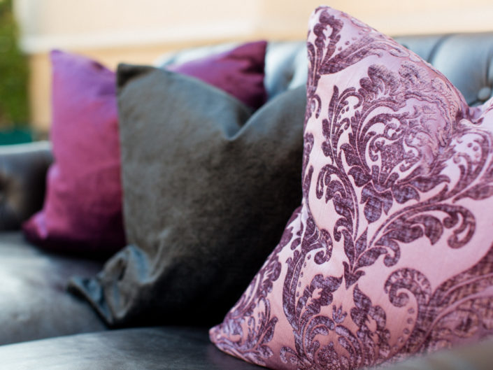 lounge vignette, black and purple and aubergine damask, kristin banta wedding, los angeles event planner