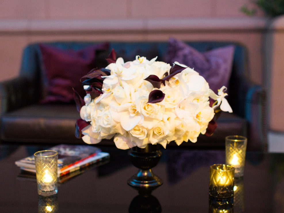 Lounge vignette, table top decor, bruce wayne inspired wedding, white and aubergine floral arrangements and accents, kristin banta weddings and special events, los angeles event planner