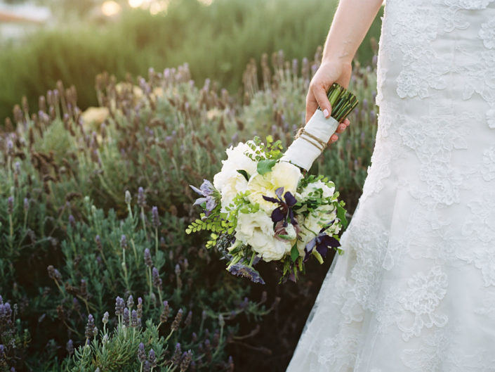 bridal bouquet, white and purple florals, greenery, lavender, ojai valley inn and spa, kristin banta weddings and special events