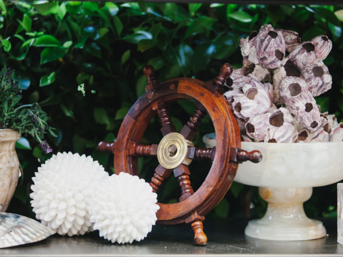 Wedding table decor, nautical themed wedding, greenery, shell accessories, LA event planner, Hotel Bel Air