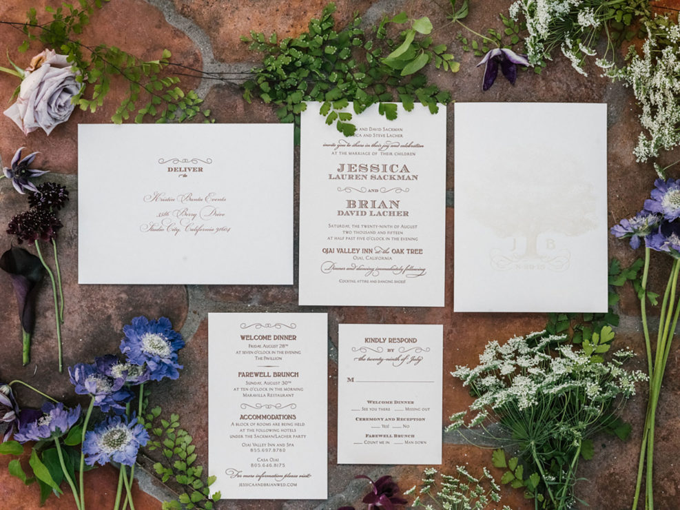 wedding invitations, herb and floral accents, ojai valley inn and spa, kristin banta weddings and special events