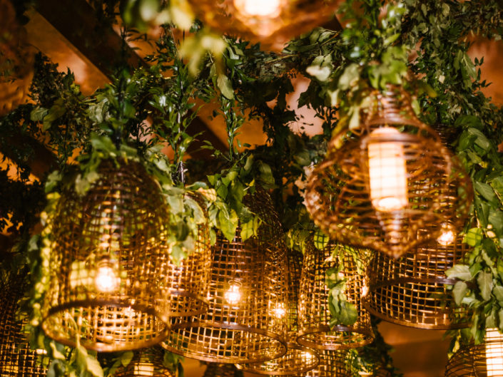 Rustic lighting design, greenery, basket lanterns, Kristin Banta Weddings and Special Events