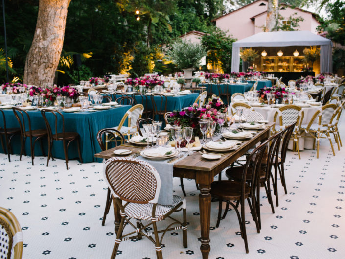 Cafe Reception, Los Angeles wedding, Kristin Banta Events, Cafe chairs, custom flooring, pink florals, hotel bel air wedding