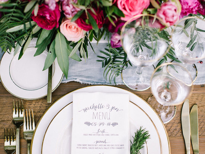 berry floral, wedding tabletop, los angeles wedding reception, LA wedding planner, kristin banta, dinner menu, custom napkins, marble stones, gold glassware, gold china, gold flatware