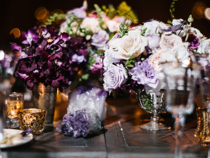 tabletop decor wedding reception, crystal quartz decor, purple and white floral arrangements, kristin banta wedding, los angeles, event planner