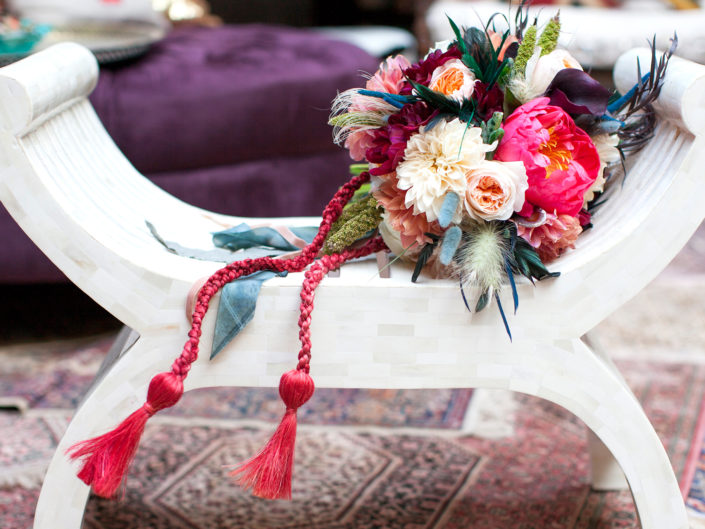 floral arrangement, floral bouquet, wooden stool, velvet furniture, persian rugs, rope, unique floral bouquet, party decor, los angeles designer, photoshoot