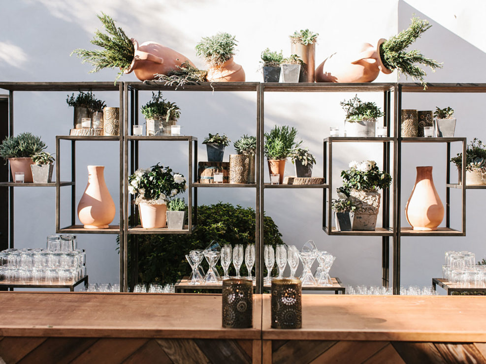 back bar decor, pottery, greenery, bar decor, champagne flutes, kristin banta weddings and special events, design, los angeles event planner