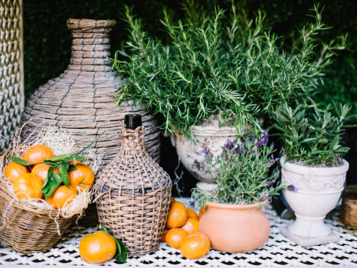 ceremony decor, woven baskets, french cafe, greenery, rosemary, woven shelves, lavender, Kristin Banta Events