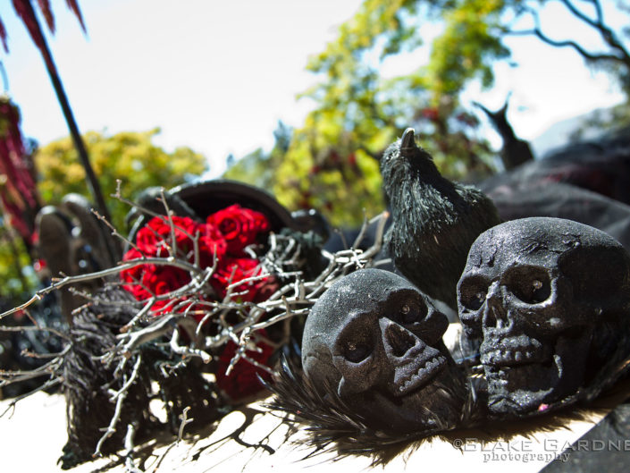 heaven and hell wedding decor, gay wedding, black skulls, crows, red rose florals, kristin banta weddings, LA event planner