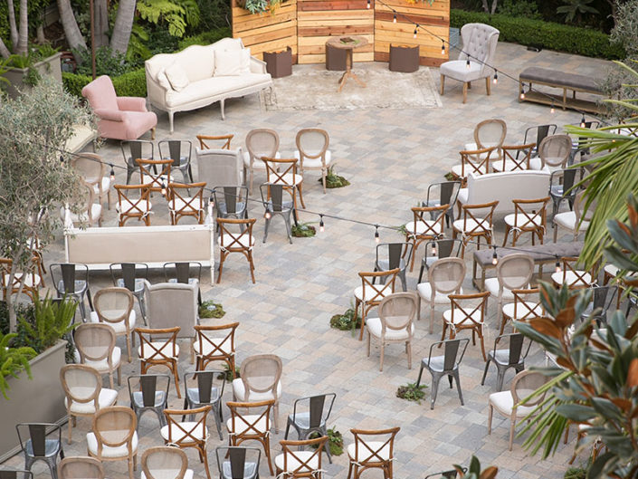 sunset ceremony, urban garden wedding, greenery, wooden chairs, vibiana, kristin banta weddings and special events, LA event planner