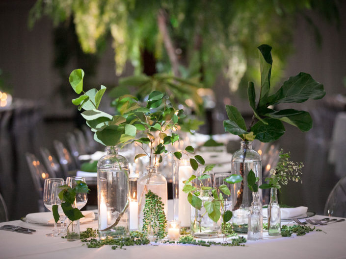 crystal center pieces with greenery, foliage accents, table top decor, kristin banta wedding, LA event planning