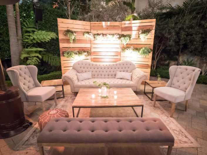 urban garden wedding, wooden backdrop, table top decor, greenery, foliage decor and accents, lounge vignettes, kristin banta weddings and special events, LA event planner
