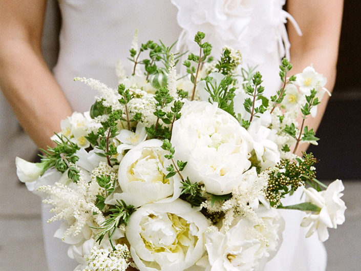 Bridal bouquet, white peonies, greenery