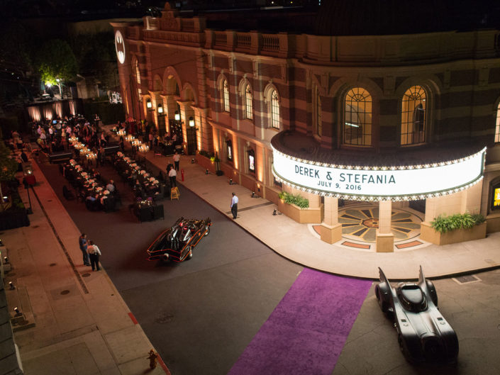 warner brothers studios, marquee, purple carpet entrance, aerial view, dinner and wedding reception, bat mobile, kristin banta bruce wayne inspired wedding, los angeles event planner