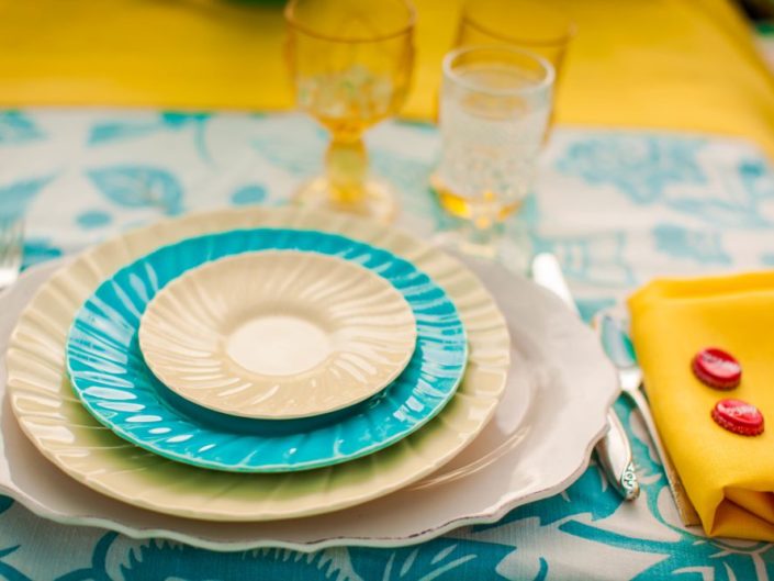 vintage table top decor, hyper color, kristin banta, event planner in los angeles, LA events, bright china, bright tabletop,