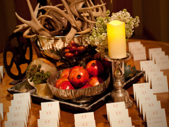 table placements, wooden antlers, candle, pomegranate, party decor, vintage, gay wedding, produced by kristin banta