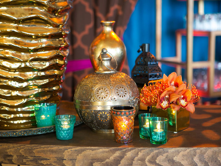 bullion vases, faceted gilded vases, vibrant colors, moroccan styled lanterns, LA event planner, table top decor, bar decor, kristin banta