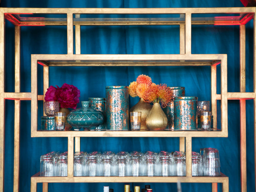 moroccan engagement party, faceted gilded vases, back bar, bar decor, LA event planner, Kristin banta