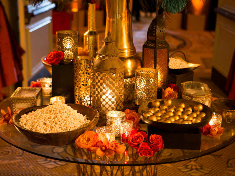 multifaceted gilded vases, gold moroccan lanterns, dim lighting design, table top decor, moroccan inspired engagement party, LA event planner, kristin banta