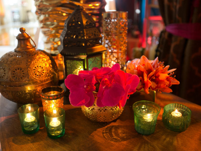moroccan inspired engagement party, table top decor, lanterns, vibrant floral color accents, LA event planner, kristin banta